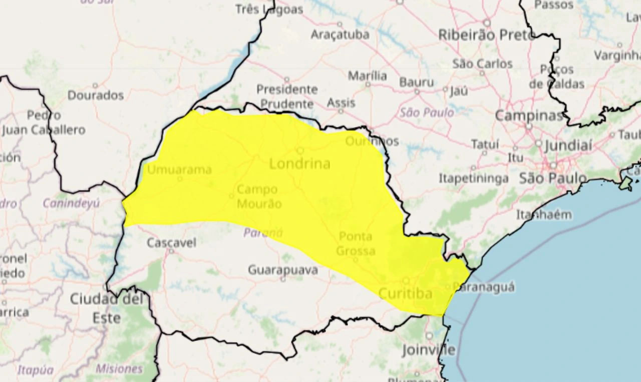 Trata-se de um alerta laranja para tempestade, ventania e granizo em parte do Paraná