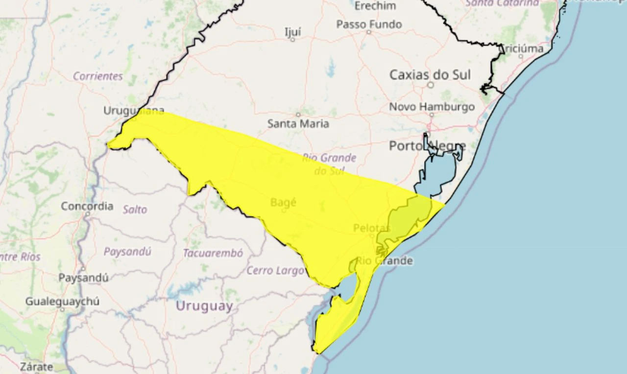 Trata-se de um alerta amarelo para tempestade, ventania e granizo no Rio Grande do Sul