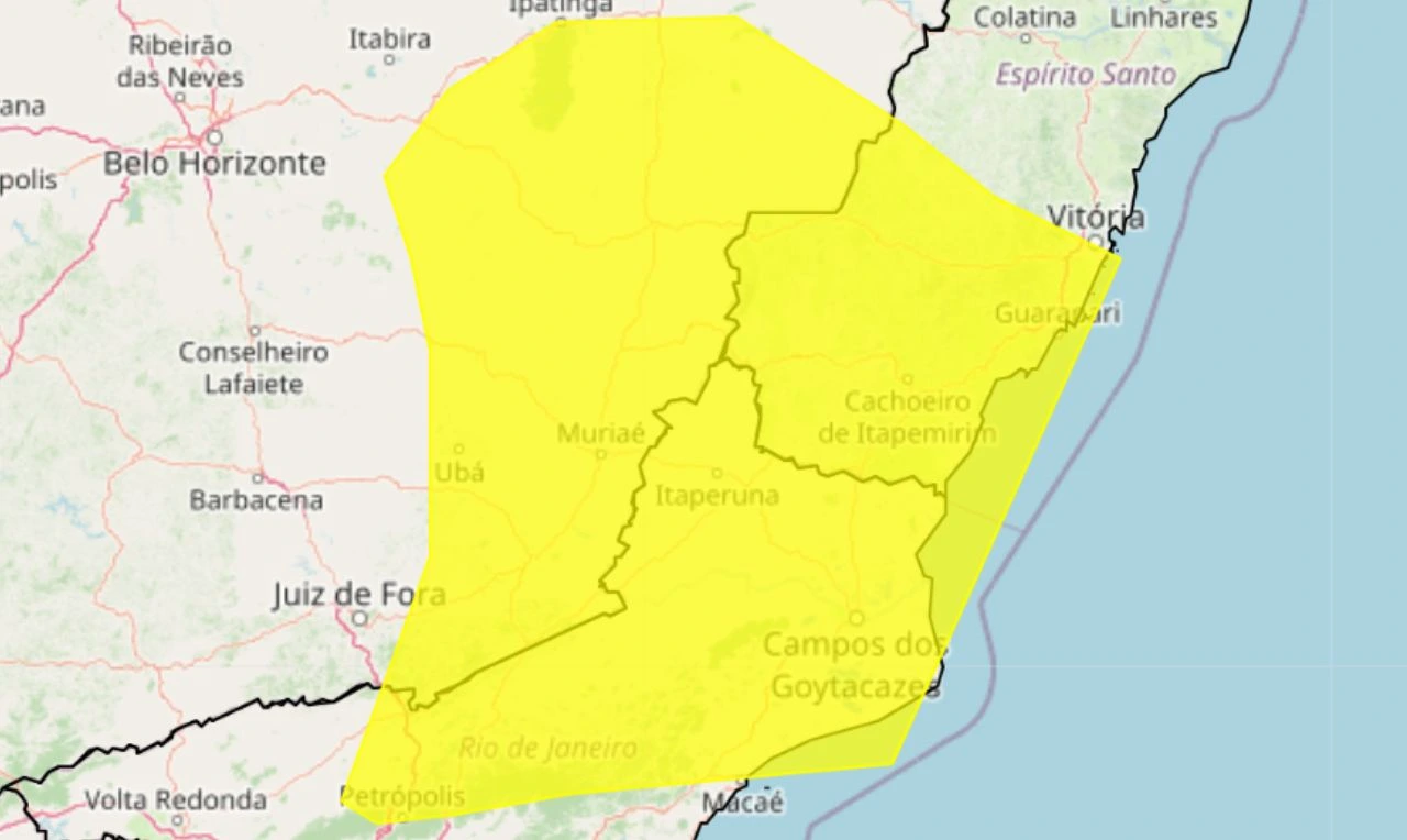 Trata-se de um alerta amarelo para tempestade, ventania e granizo em partes da região Sudeste