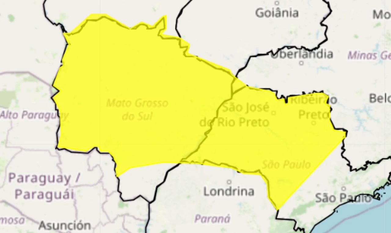 Trata-se de um alerta amarelo para tempestade, ventania e granizo nas regiões Sudeste, Centro-Oeste e Sul