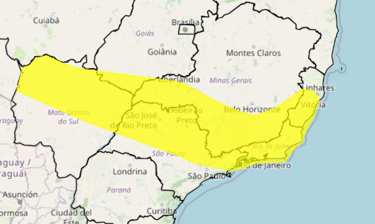 Trata-se de um alerta amarelo para tempestade em partes das regiões Centro-Oeste e Sudeste