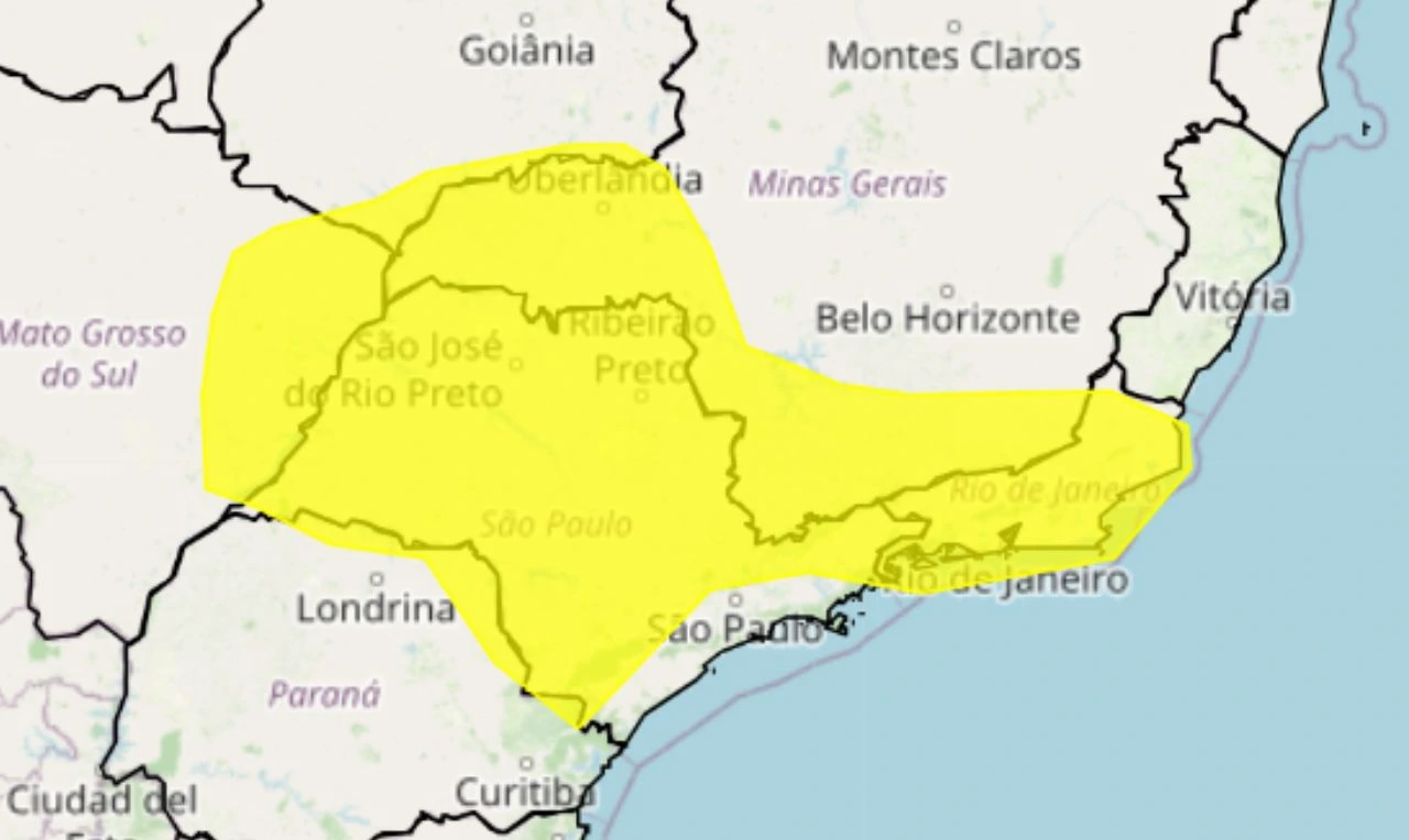 Trata-se de um alerta amarelo para tempestade, ventania e risco de queda de granizo em partes do Centro-Oeste, Sudeste e Sul