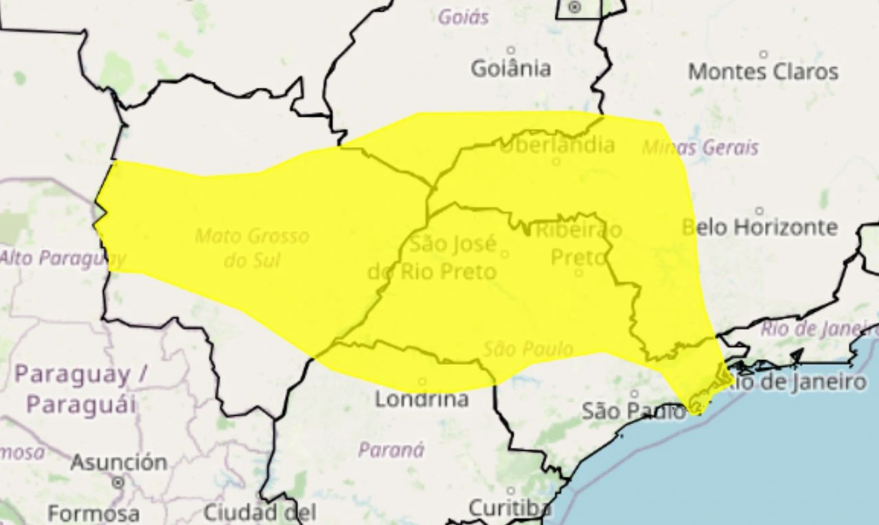 Trata-se de um alerta amarelo para tempestade, ventania e granizo em parte do Centro-Oeste, Sudeste e Sul