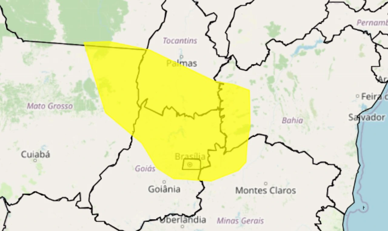Trata-se de um alerta amarelo para tempestade, ventania e granizo nos estados de MG, BA, TO, PA, MT, GO e DF