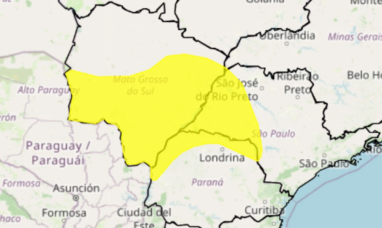 Trata-se de um alerta amarelo para tempestade, ventania e queda de granido em MS, MG, SP e PR