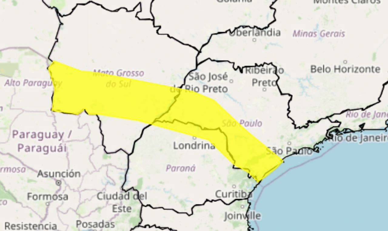 Trata-se de um alerta amarelo para tempestade, ventania e granizo em partes do MS, SP e PR