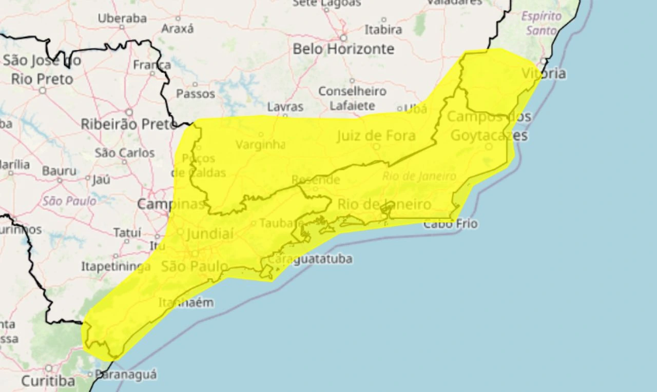 Trata-se de um alerta amarelo para tempestade, ventania e granizo no Sudeste e no Sul