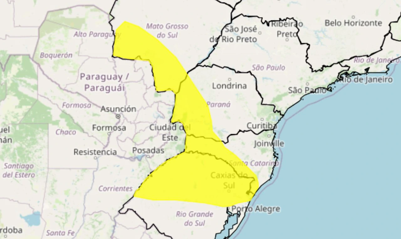 Trata-se de um alerta amarelo para tempestade, ventania e granizo nas regiões Sul e Centro-Oeste