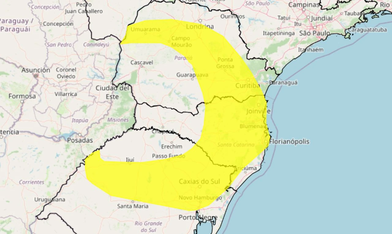 Trata-se de um alerta amarelo para tempestade em parte do Sul e Centro-Oeste