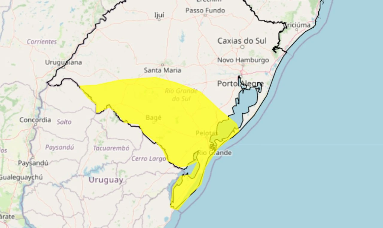 Trata-se de um alerta amarelo para tempestade, ventania e queda de granizo no Sul do país