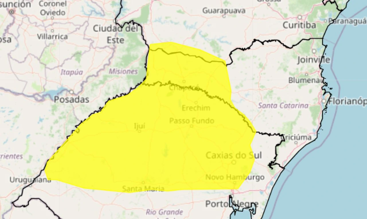 A imagem mostra um alerta amarelo para tempestade, ventania e granizo na região Sul do país