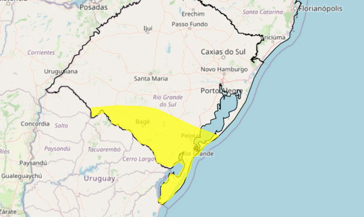 Trata-se de um alerta amarelo para tempestade, ventania e granizo em parte do RS
