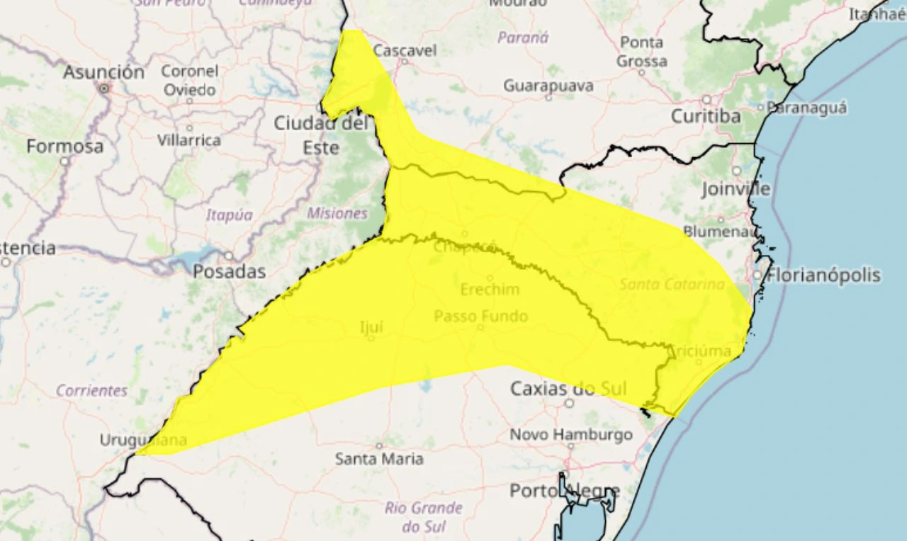 Trata-se de um alerta amarelo para tempestade, ventania e queda de granizo na região Sul