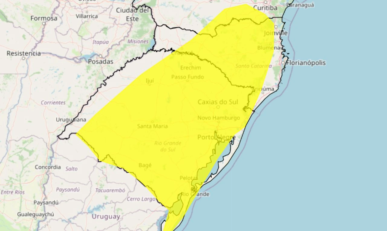 Trata-se de um alerta amarelo para tempestade, ventania e granizo na região Sul do país