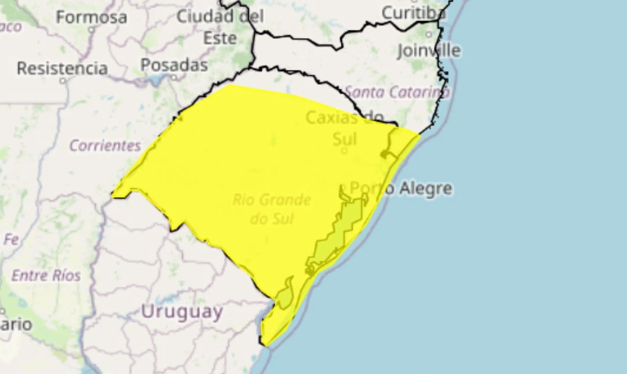 Trata-se de um alerta amarelo para tempestade, ventania e granizo em parte da região Sul