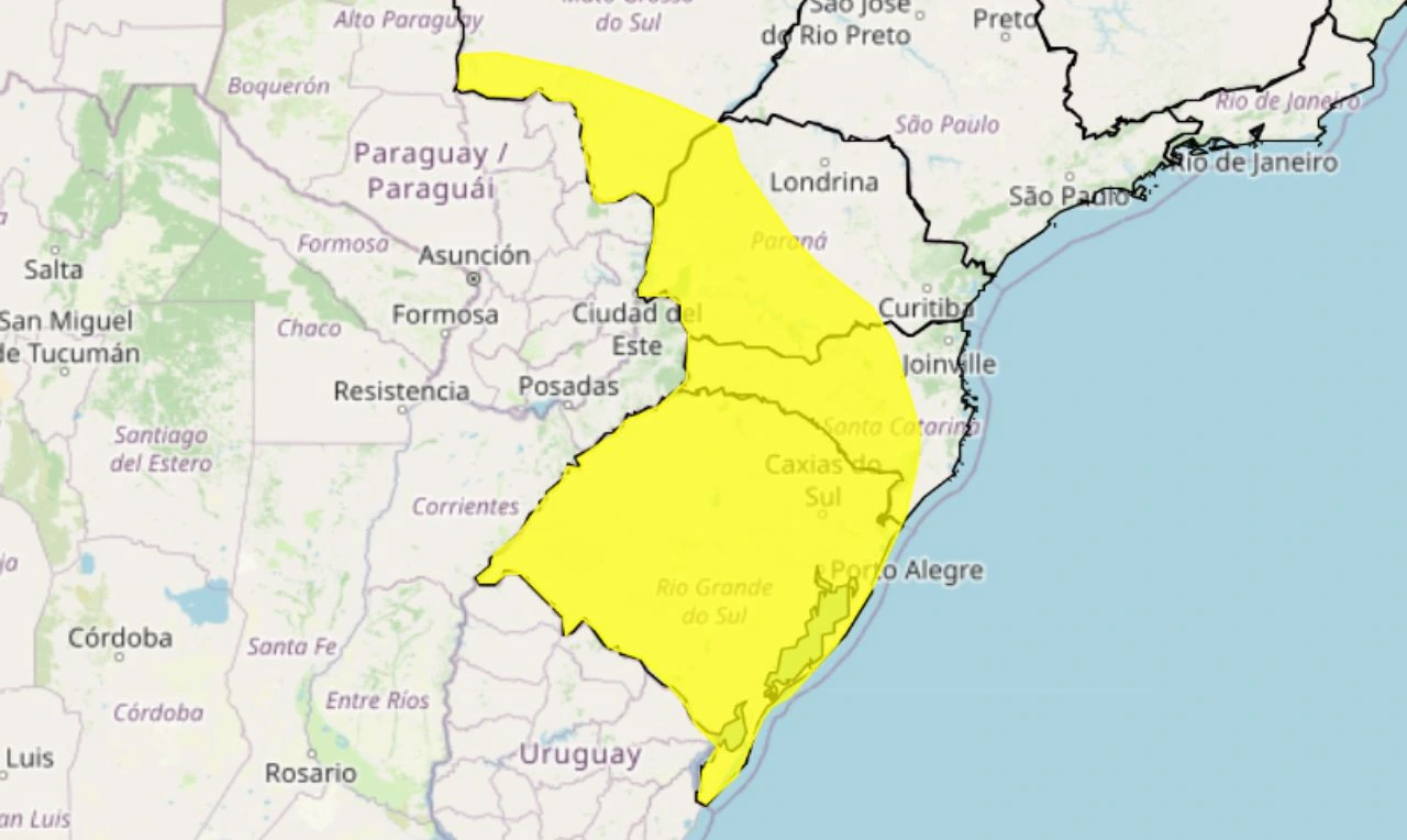 Trata-se de um alerta amarelo para tempestade, ventania e granizo nas regiões Centro-Oeste e Sul
