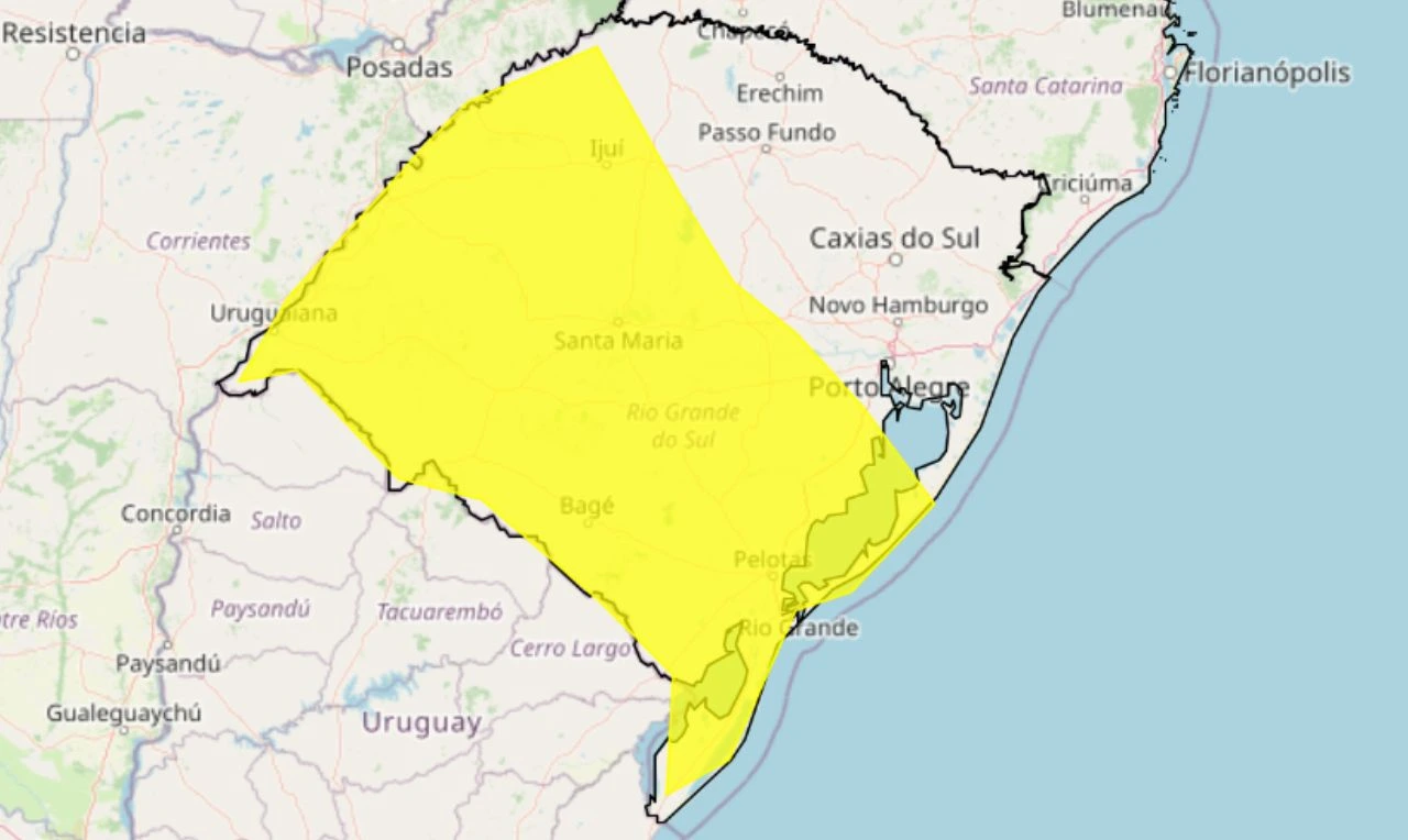 Trata-se de um alerta amarelo para tempestade, ventania e granizo no Rio Grande do Sul