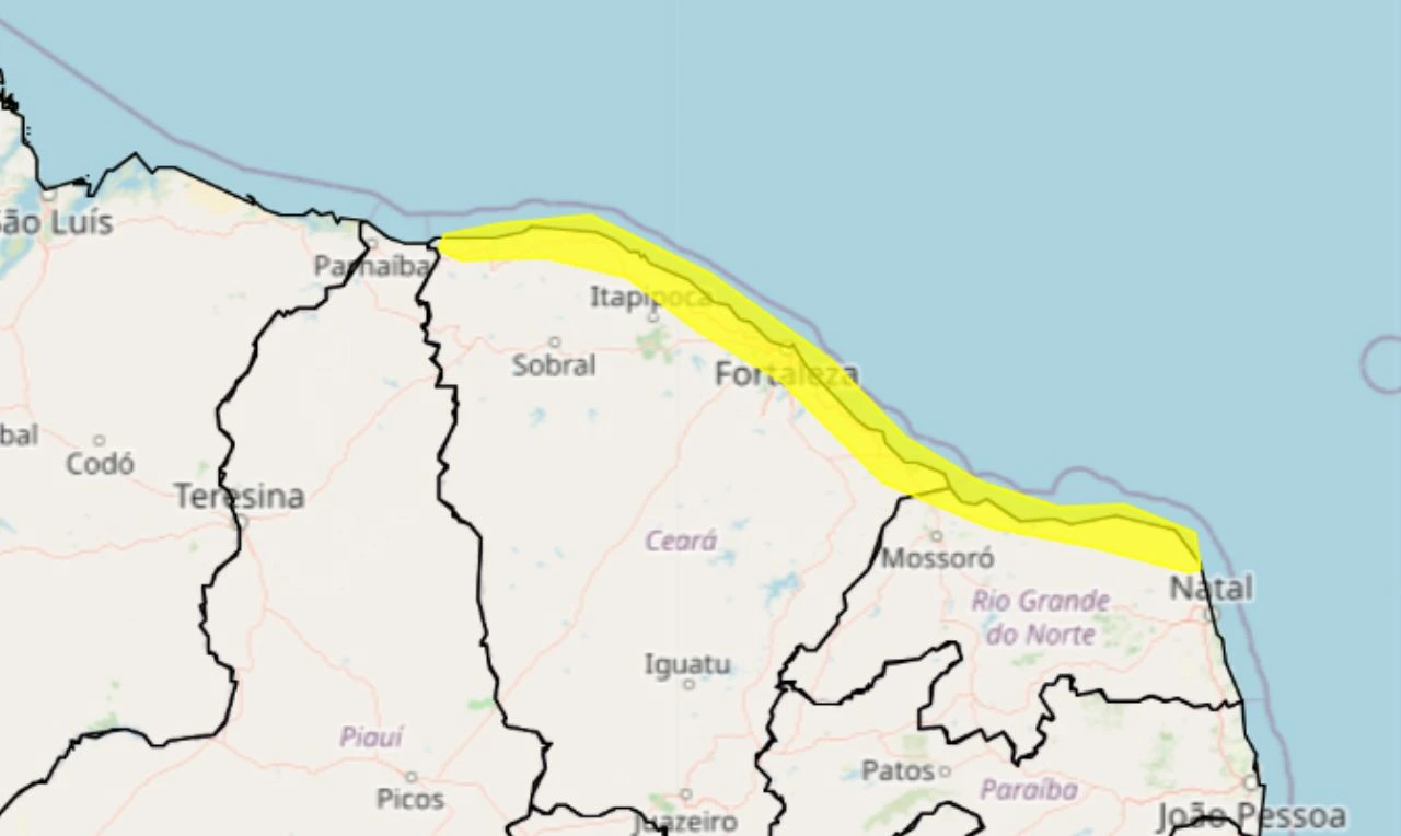 Trata-se de um alerta amarelo para ventos costeiros em parte da região Nordeste