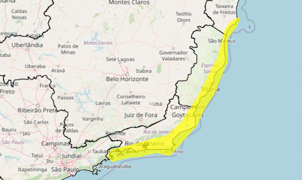 Trata-se de um alerta amarelo para ventos costeiros em partes da BA, ES e RJ