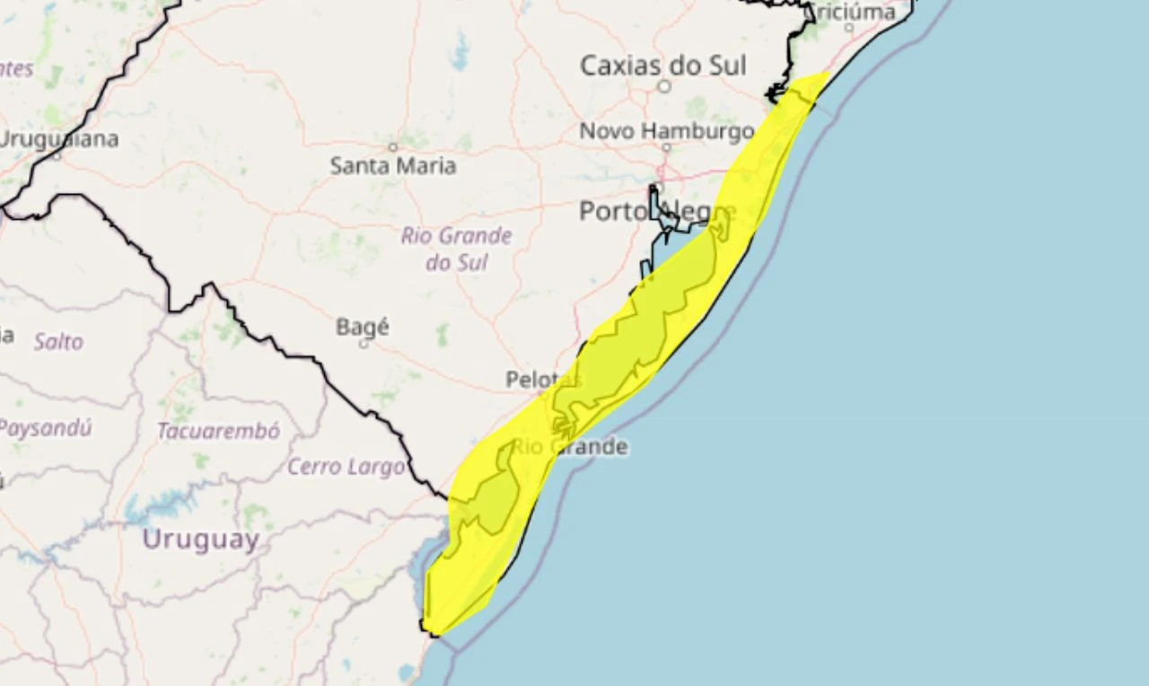 Trata-se de um alerta amarelo para ventos costeiros em parte do RS e SC