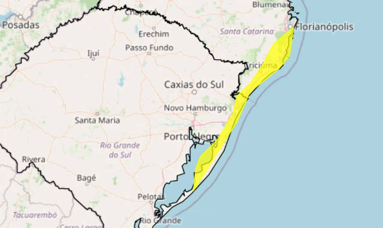Trata-se de um alerta amarelo para ventos costeiros na região Sul