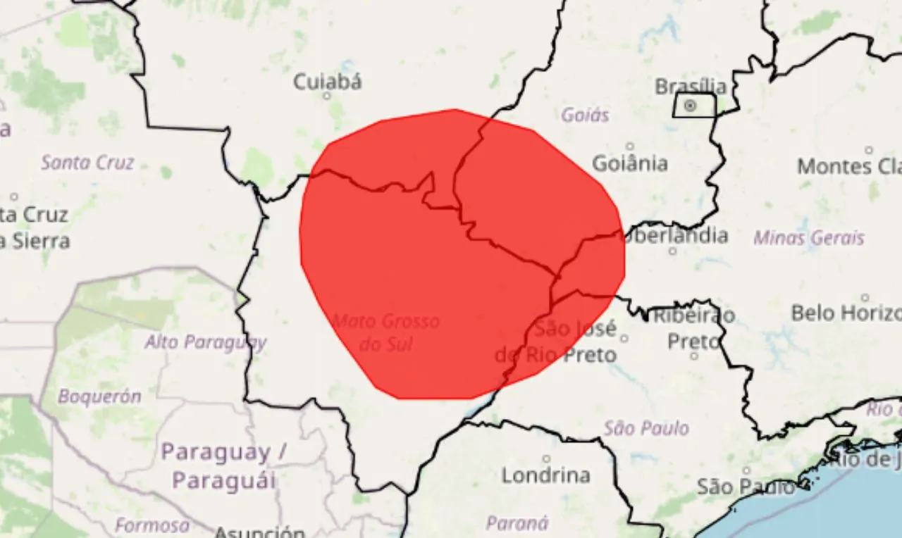 O mapa mostra às áreas em alerta para baixa umidade no MS, MT, SP, GO, MG