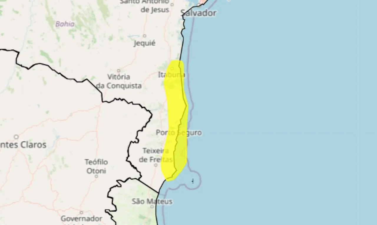 A imagem mostra as áreas em alerta para chuva intensa