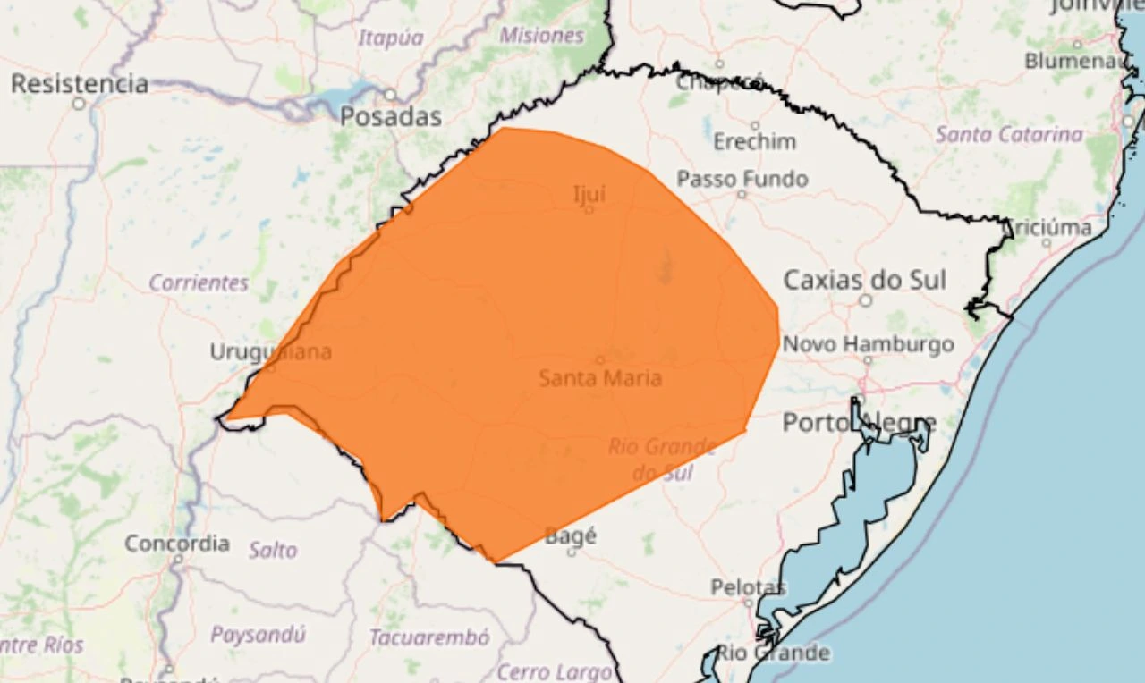 Trata-se de um alerta laranja para acumulados de chuva, alagamento e deslizamento de terra no RS