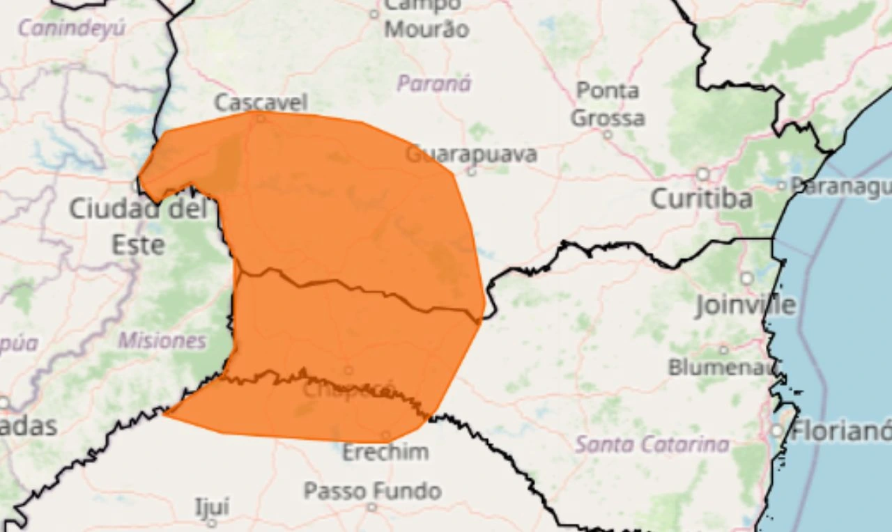 Trata-se de um alerta laranja para acumulado de chuva em parte da região Sul