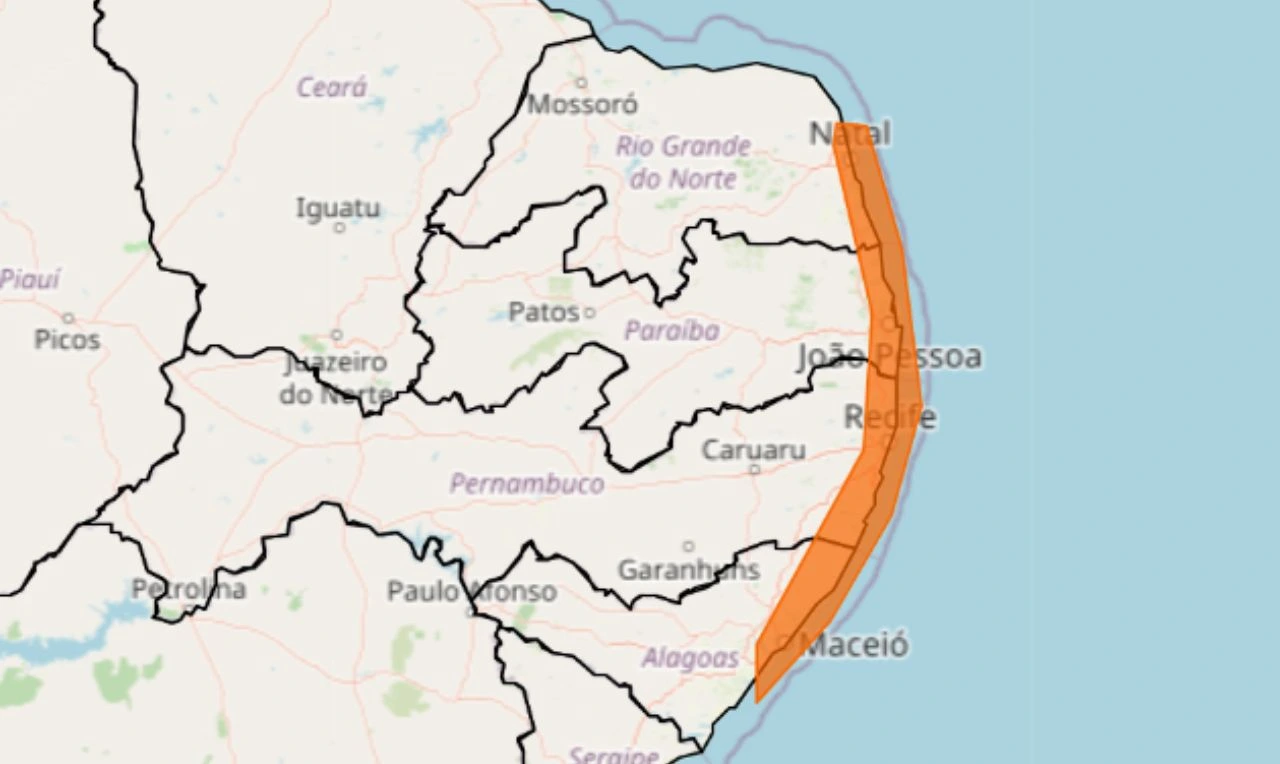 Trata-se de um alerta laranja para acumulado de chuva e risco de transbordamento de rios em parte da região Nordeste