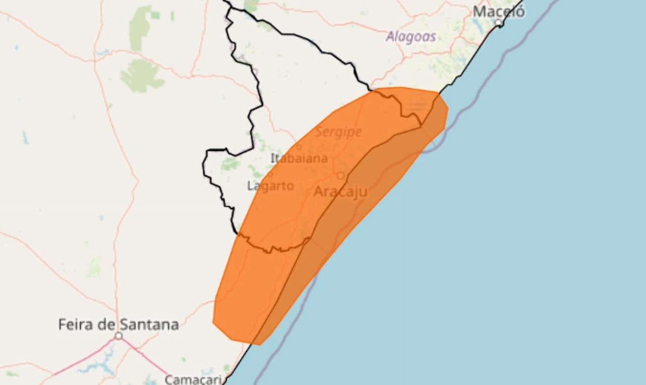 Trata-se de um alerta laranja para acumulado de chuva em parte do Nordeste
