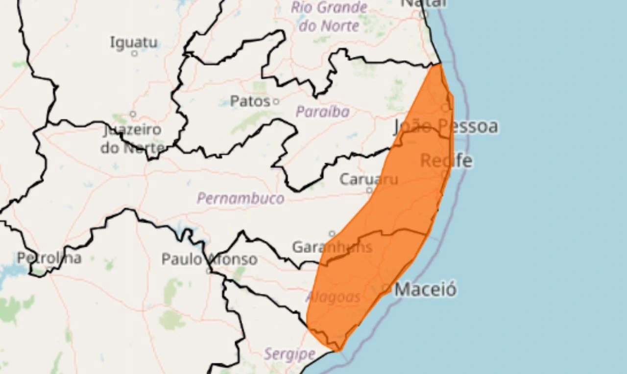 Trata-se de um alerta laranja para acumulado de chuva, com risco de alagamento e deslizamento em parte do Nordeste