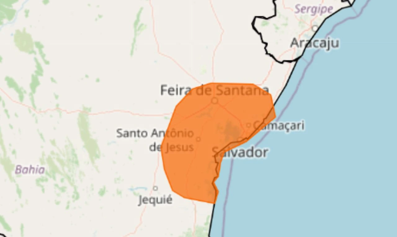 Trata-se de um alerta laranja para acumulado de chuvas com risco de alagamentos e deslizamentos de encostas