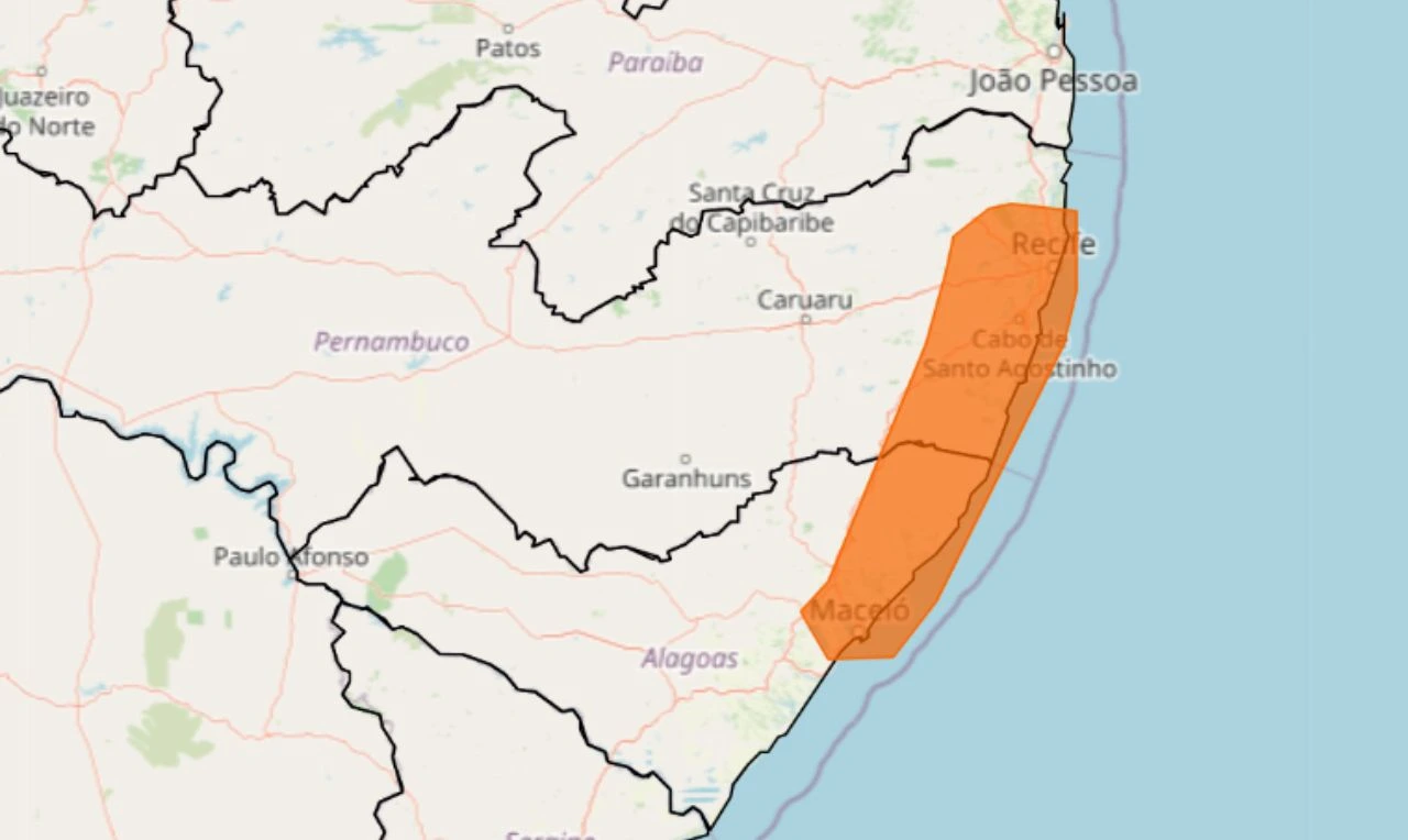 Trata-se de um alerta laranja para acumulado de chuva em parte da região Nordeste