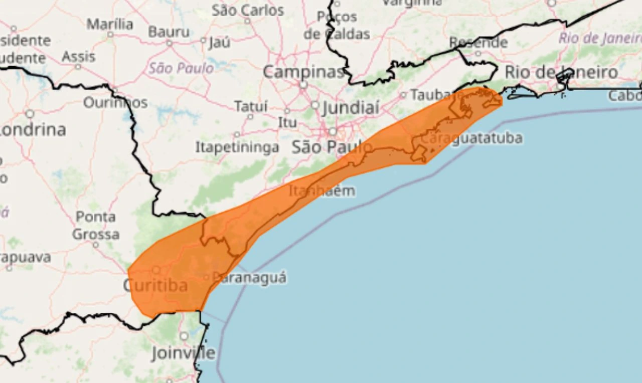 Trata-se de um alerta laranja para acumulado de chuva em partes do Sudeste e Sul
