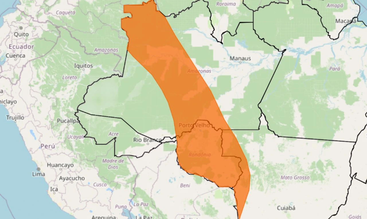Trata-se de um alerta laranja para chuvas intensas e risco de alagamento em partes do AM, RO e MT