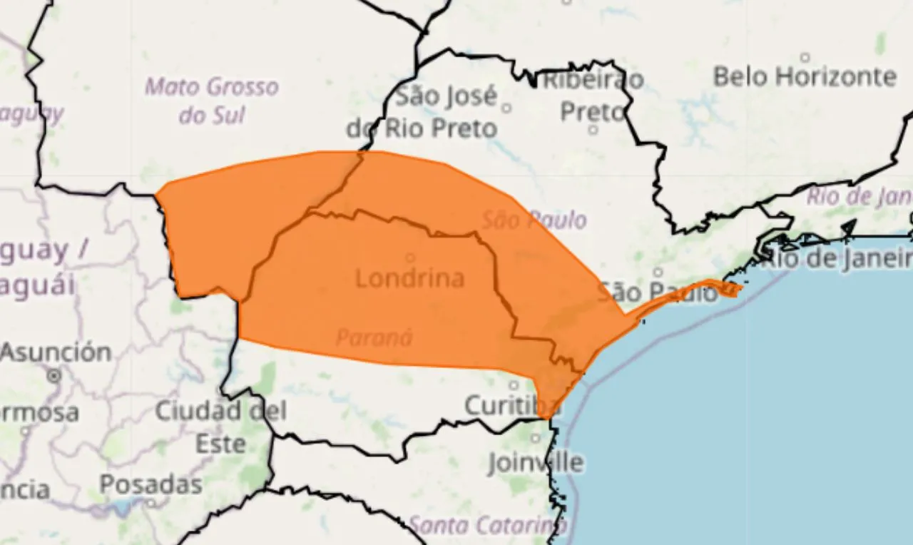 Trata-se de um alerta laranja para chuva intensa, ventania e risco de alagamentos em SP, MS, PR e SC