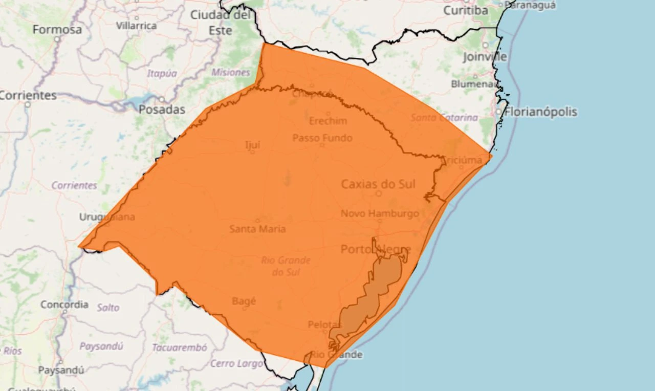 Trata-se de um alerta laranja para chuvas intensas, ventania e risco de alagamento em parte do RS