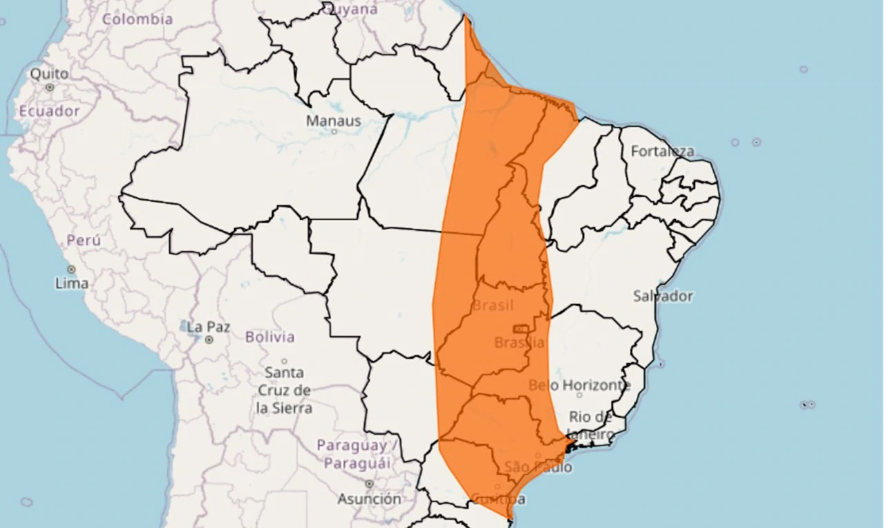 Trata-se de um alerta laranja para chuva intensa e ventania que atinge todas as regiões do país