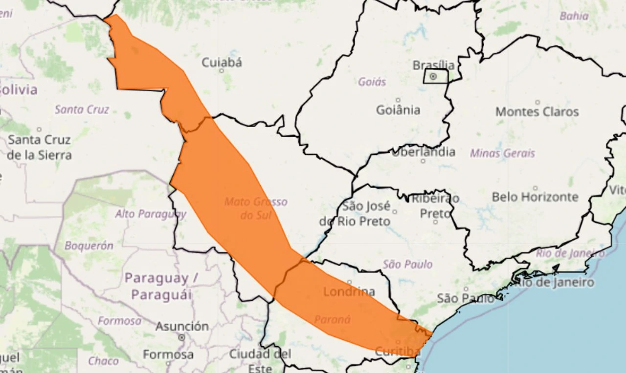 Trata-se de um alerta amarelo para chuvas intensas, ventania e risco de alagamento em partes de MT, MS, SP e PR
