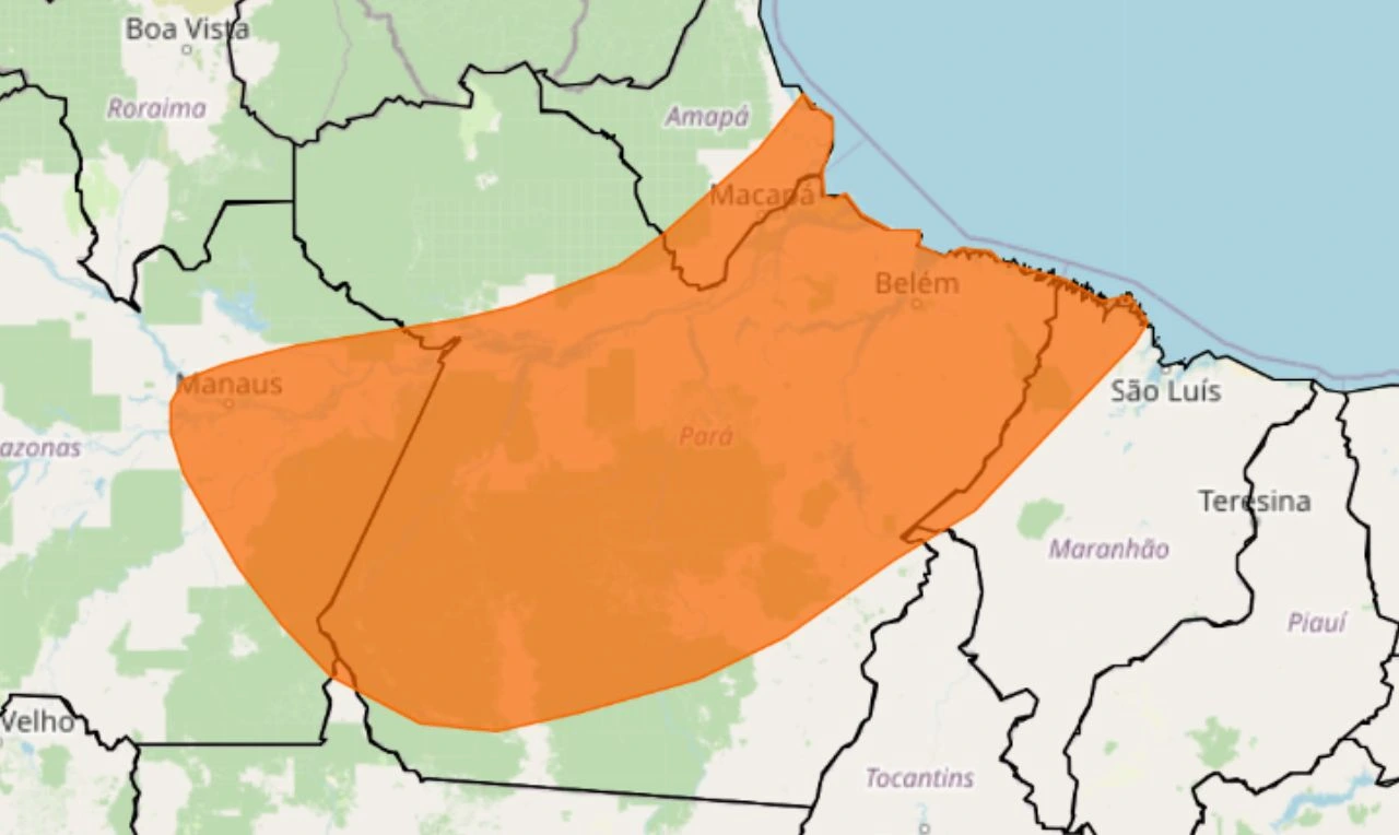 Trata-se de um alerta laranja para chuva intensa, ventania e alagamento no Norte e Nordeste do paísventania e 