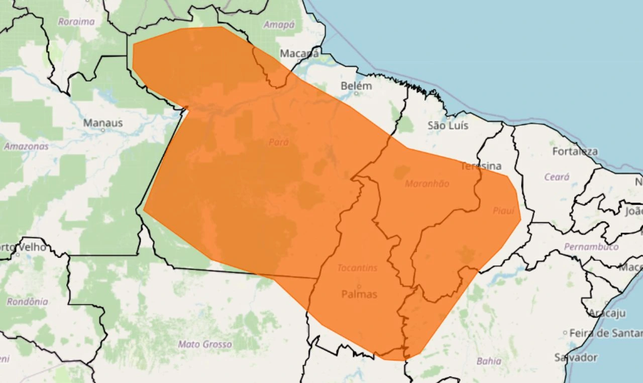 Trata-se de um alerta laranja para chuvas intensas, ventania e risco de alagamentos nas regiões Norte, Nordeste e Centro-Oeste