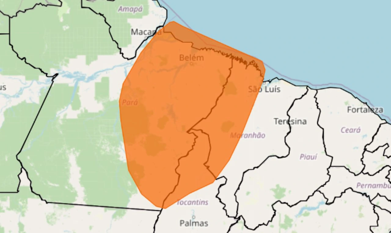 Trata-se de um alerta laranja para chuvas intensas nas regiões Norte e Nordeste