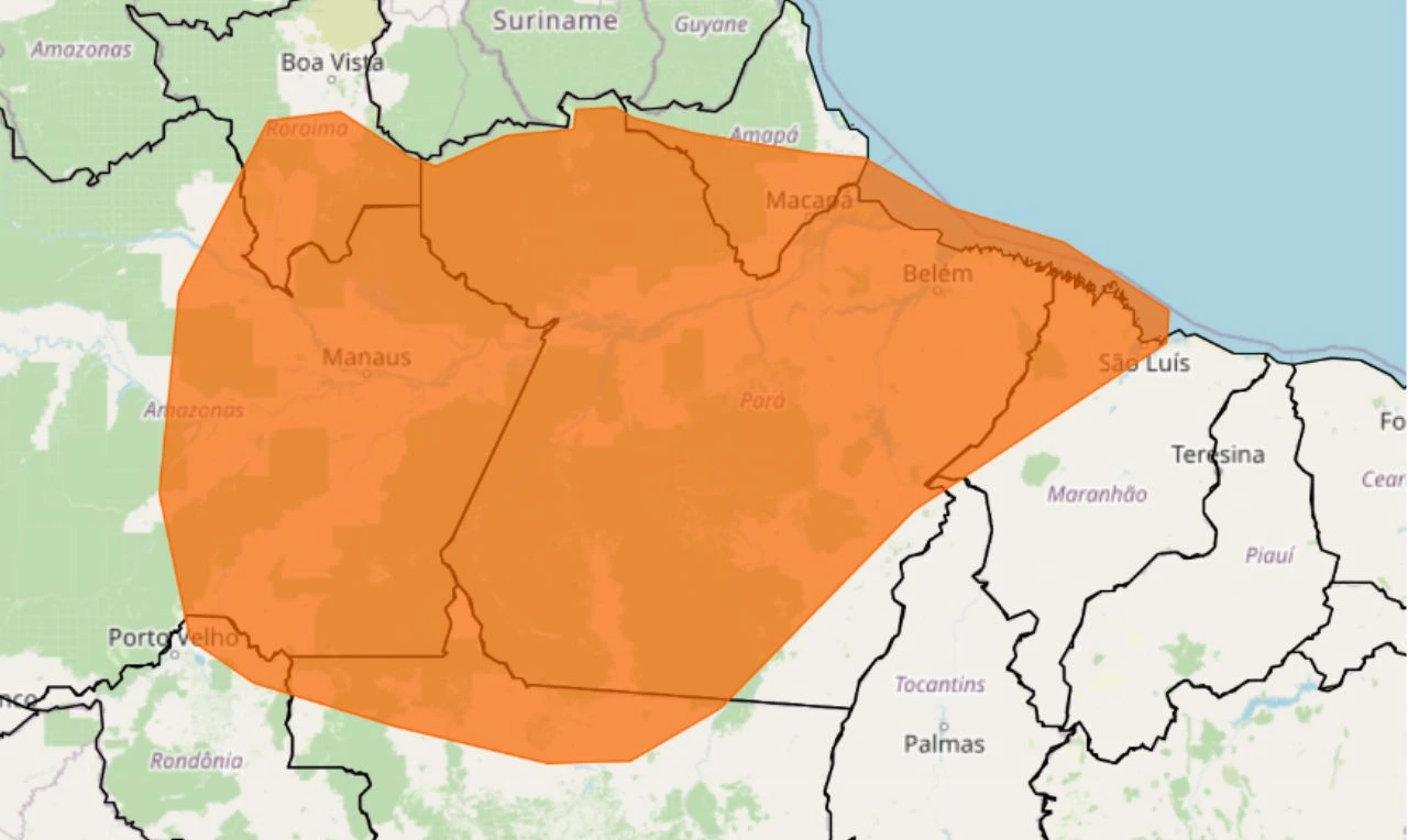 Trata-se de um alerta laranja para chuva intensa em partes do Norte, Nordeste e Centro-Oeste
