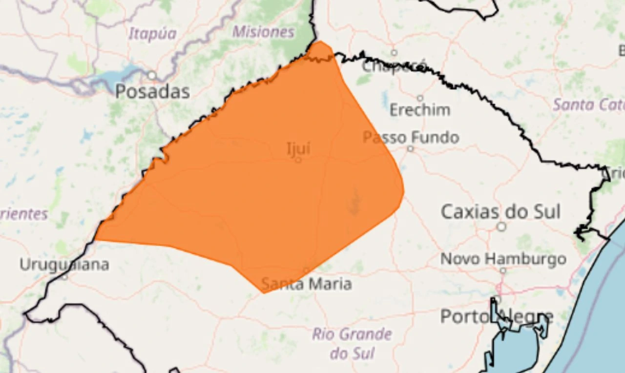 Trata-se de um alerta laranja para chuvas intensas, ventania e alagamento em parte da região Sul