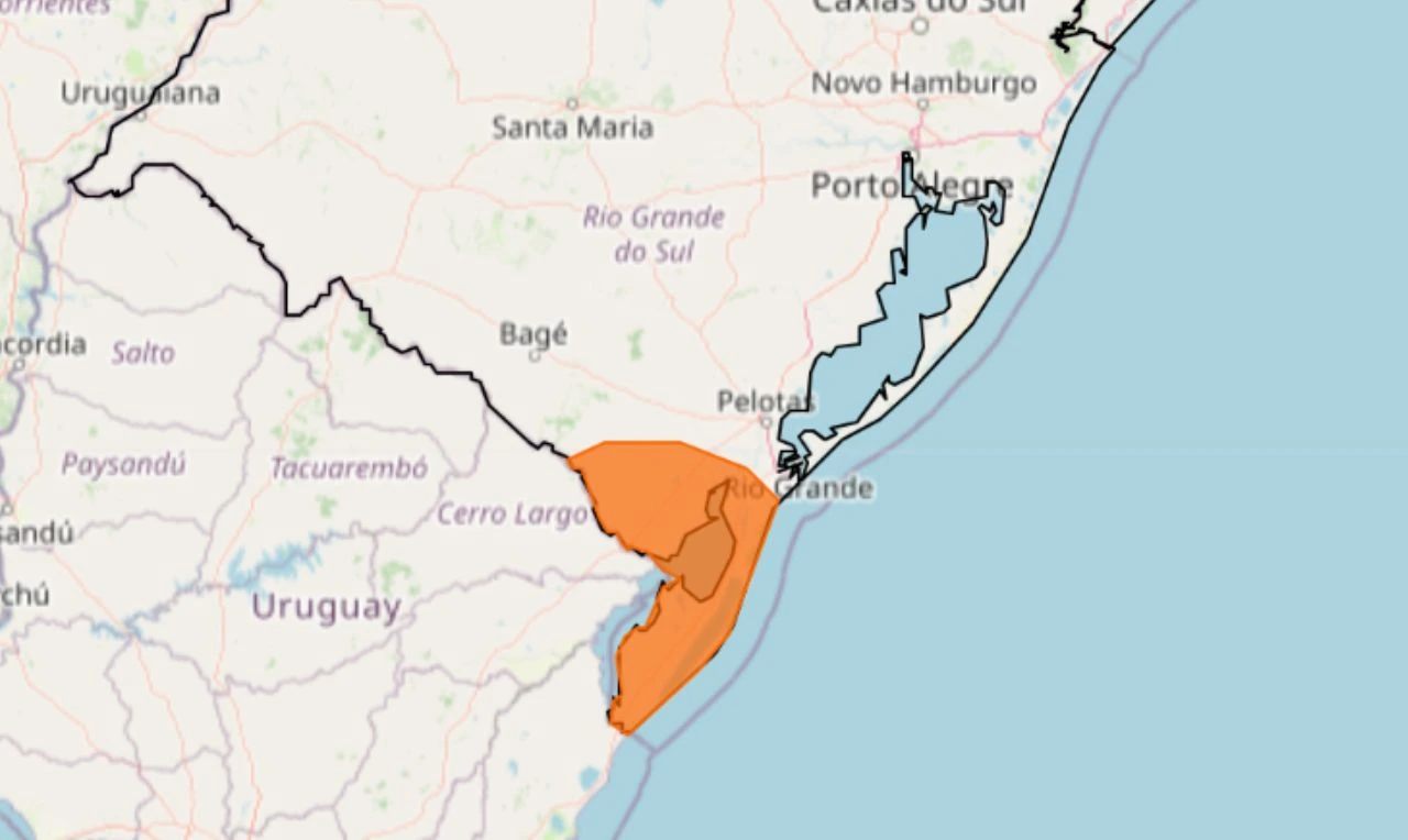 Trata-se de um alerta laranja para chuva intensa e ventania em parte do Rio Grande do Sul