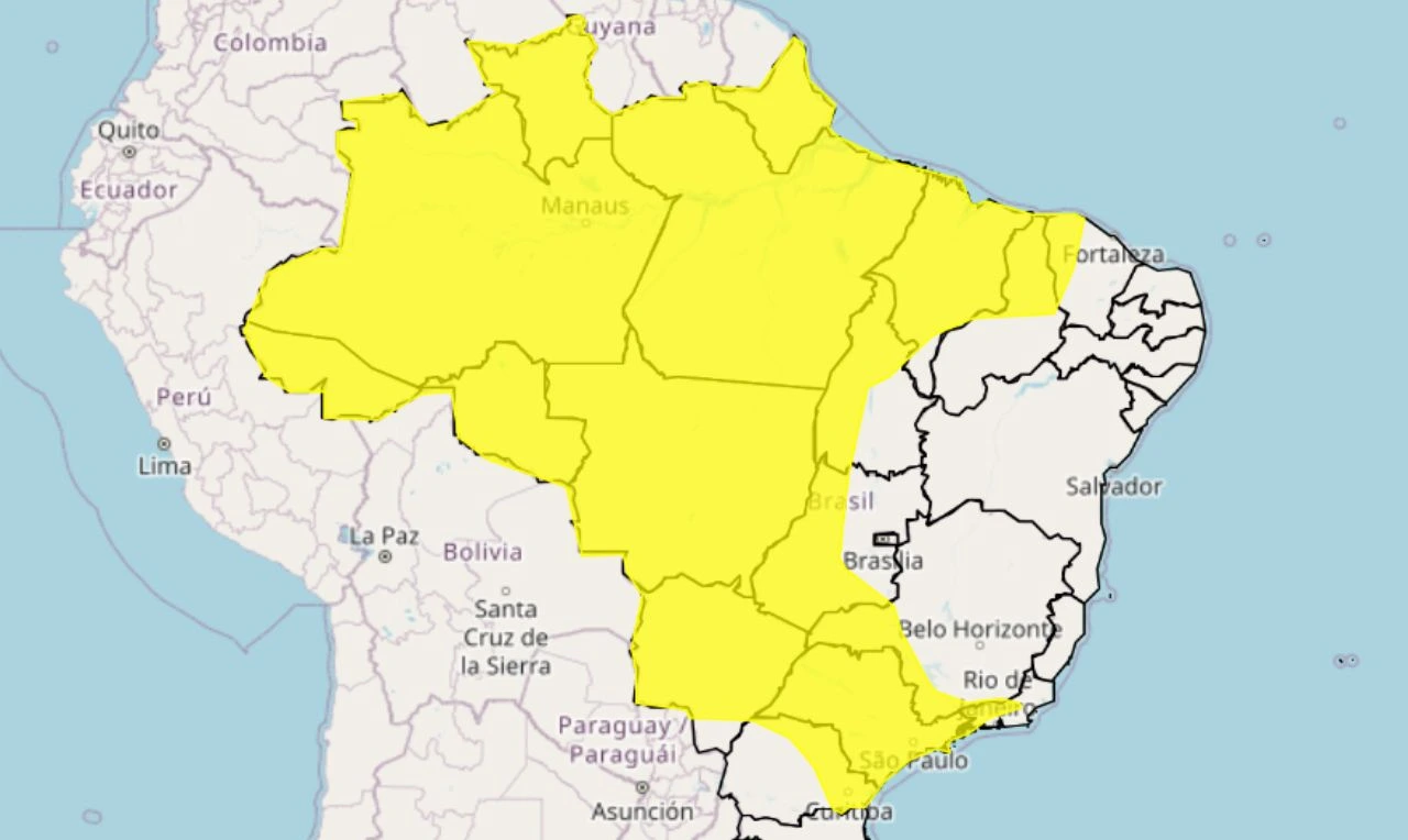 Trata-se de um alerta amarelo para chuva intensa em grande parte do país