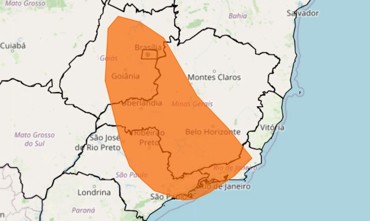 Trata-se de um alerta laranja para chuvas intensas em partes do Centro-Oeste e do Sudeste