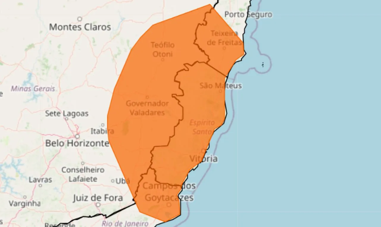 Trata-se de um alerta laranja para chuva intensa e ventania em partes das regiões Nordeste e Sudeste 
