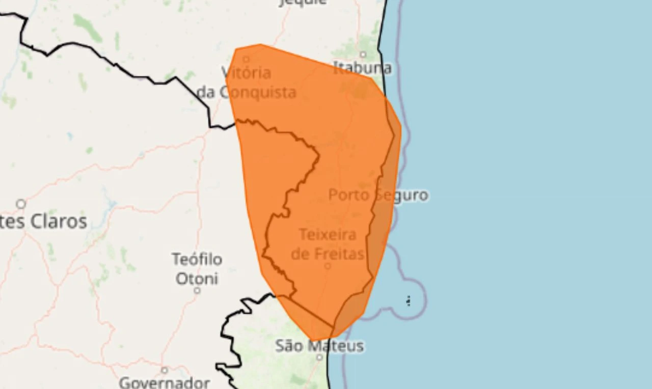 Trata-se de um alerta laranja para chuvas intensas e ventania em parte do Nordeste e Sudeste